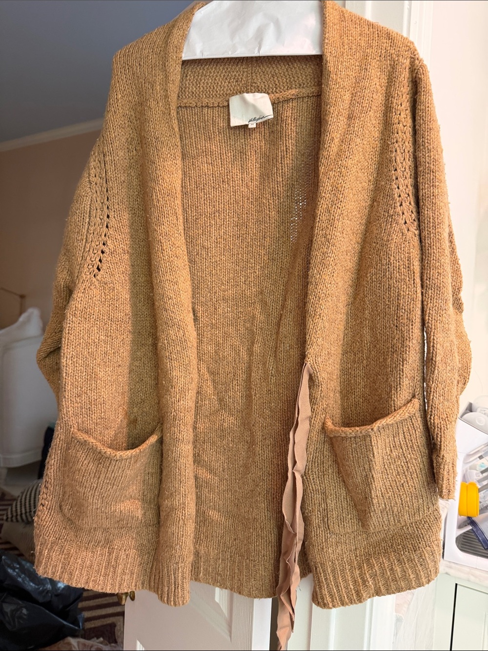 3.1 Phillip Lim Camel Open-Front Pocket Cardigan